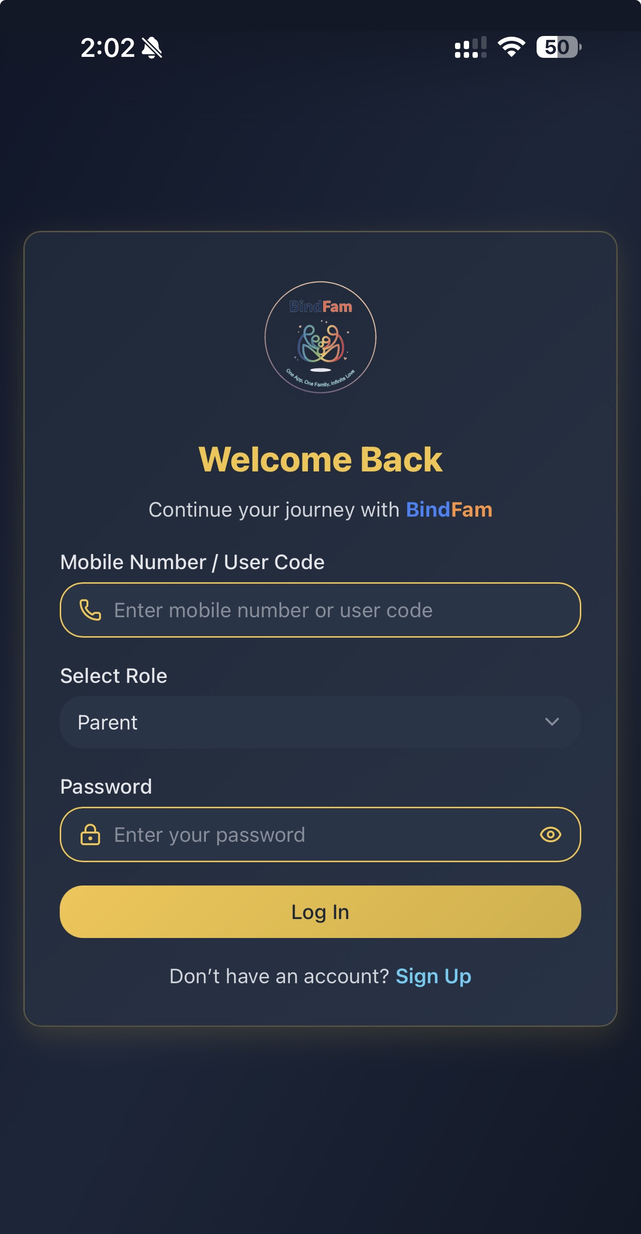 BindFam Login Screen Mockup